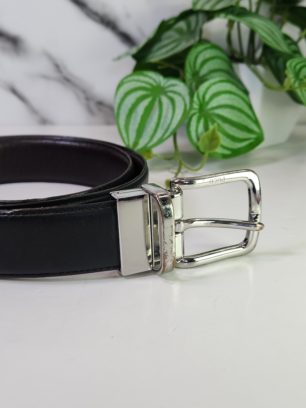 Polo Ralph Laurent Leather Belt. Classic Black Belt with Silver Buckle